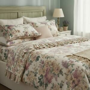 VTG Springmaid Large Cottagecore Floral Ruffled No-Iron Percale Twin Set 3pc